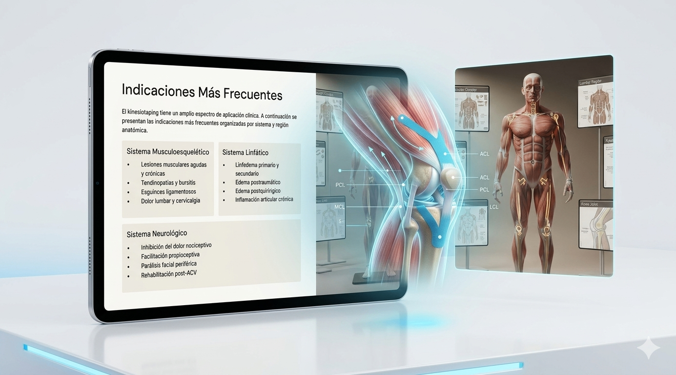 Páginas internas del Sistema Anatómico de Kinesiotaping mostrando indicaciones más frecuentes y referencias anatómicas